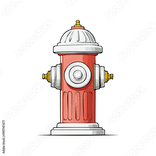Classic Red and White Fire Hydrant Illustration with Detailed Metal Fixtures