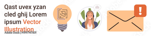Customer support, online communication, email alerts, messaging systems, service notifications, technical assistance. Lightbulb, female operator envelope icon. Customer support and online
