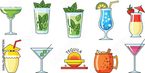 Tropical and Cocktail Drink Vector Set Featuring Margarita, Mojito, Tequila, and Refreshing Summer Beverages for Bar and Party Illustrations
