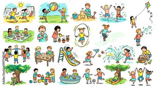 A vibrant collection of illustrations depicting children engaged in various outdoor and indoor recreational activities, showcasing play, learning, and social interaction.