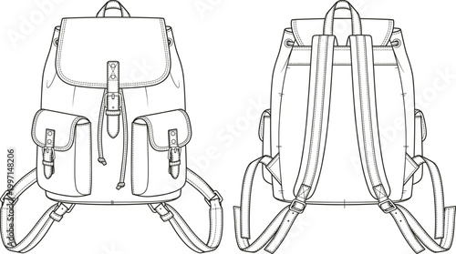 Technical fashion flat sketch of a classic rucksack backpack with front pockets and adjustable straps for design and garment manufacturing.