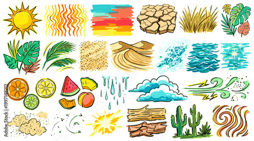A vibrant collection of nature-themed illustrations depicting various elements like sun, weather, plants, fruits, and landscapes.