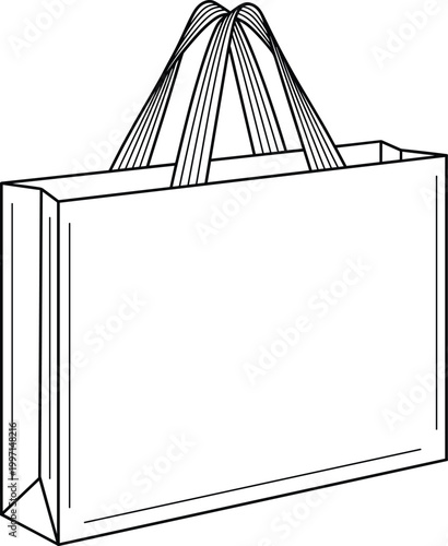 Technical fashion flat sketch of a reusable tote bag shopping carrier with reinforced handles for eco friendly product design manufacturing.