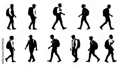 Hikers walking silhouettes set with backpacks