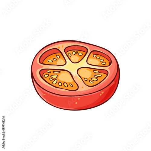 Fresh cross section of a ripe red tomato showing seeds and juicy pulp