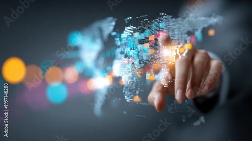 Global Connectivity: A close-up view of a person's finger pointing towards a digital world map, representing worldwide connections and the flow of information.