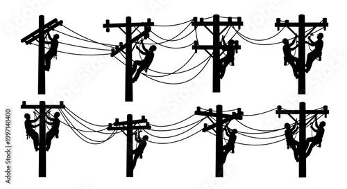 Silhouette electricians working on utility poles with power lines