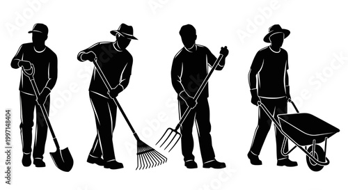 Gardening silhouettes with shovel rake pitchfork and wheelbarrow