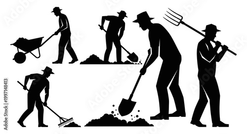 Farmers in silhouette using tools for agriculture