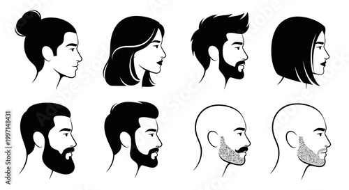Diverse male and female profile silhouettes with varied hairstyles and beards