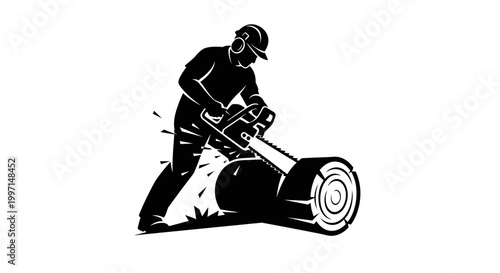 Lumberjack cutting log with chainsaw in black and white silhouette