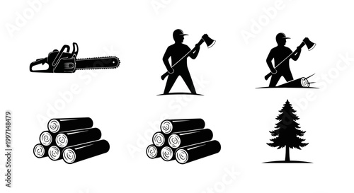 Lumberjack and forestry icons including chainsaw, axe, logs, and tree