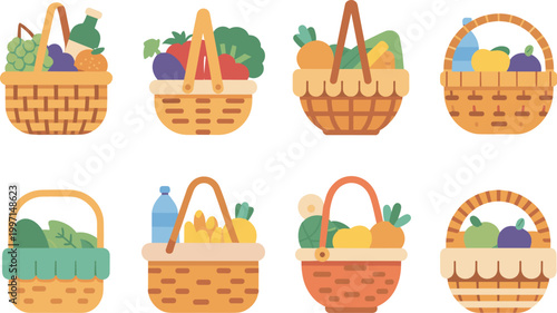 Colorful flat vector set of wicker baskets filled with fresh fruits vegetables groceries illustration