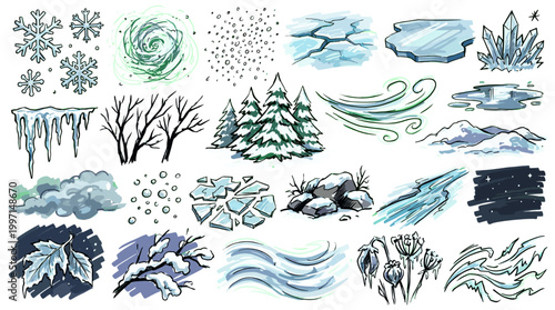 A collection of hand-drawn illustrations depicting various elements and phenomena associated with winter and cold weather, including snowflakes, ice, snow, wind, and frozen landscapes.