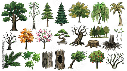 A diverse collection of detailed illustrations showcasing various types of trees, including deciduous, coniferous, palm, and bonsai, along with tree stumps, roots, and branches.