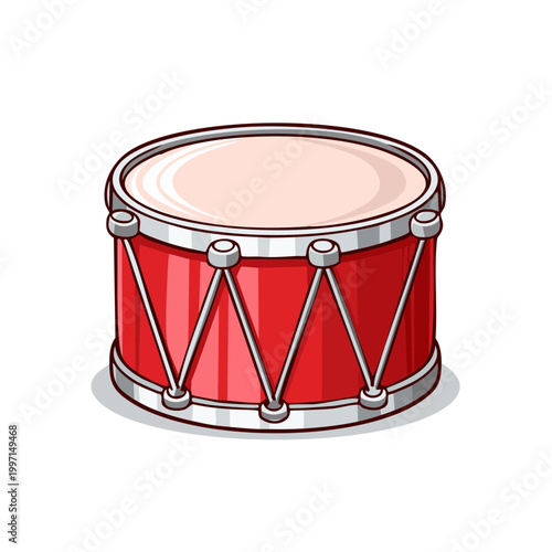 Bright red toy drum with silver accents and a light pink head on a white background