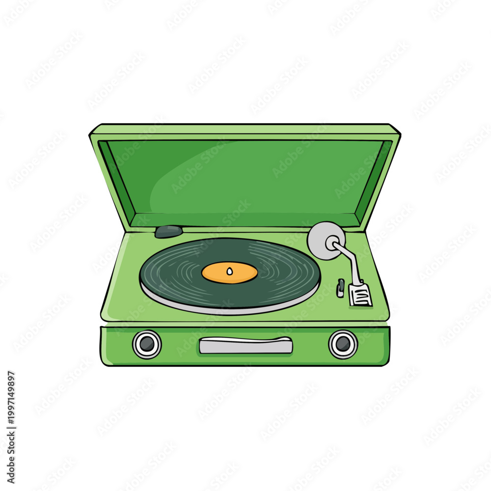 Fototapeta premium Green vintage record player with vinyl disc open for playing music