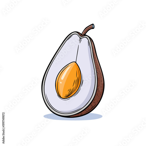 Hand-drawn illustration of a ripe avocado half with large pit and creamy flesh