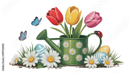 Colorful tulips and flowers in a green vase with decorative butterflies Vector