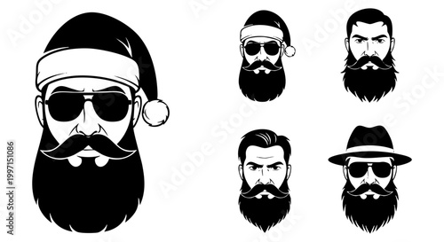 Collection of stylized black and white illustrations featuring bearded men with various hats and sunglasses designs for modern barbershop branding or holiday apparel prints showcasing cool hipster vib