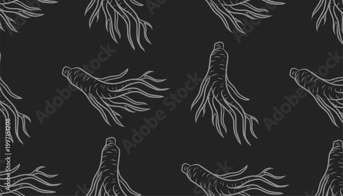Ginseng Seamless Pattern. Handdrawn Root Illustration. Herbal Botanical Background. for Packaging Textile Design