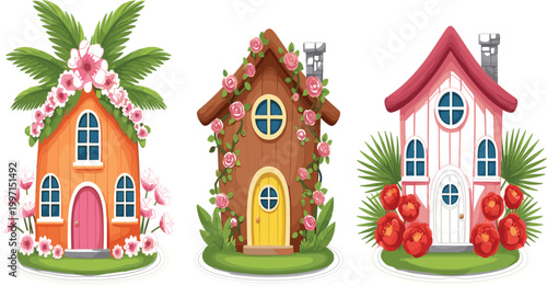 Cute cartoon fairy houses with flowers and plants whimsical fantasy cottages colorful spring garden homes vector illustration set
