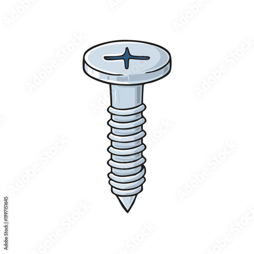 Illustration of a single silver metal screw with a crosshead slot and pointed tip