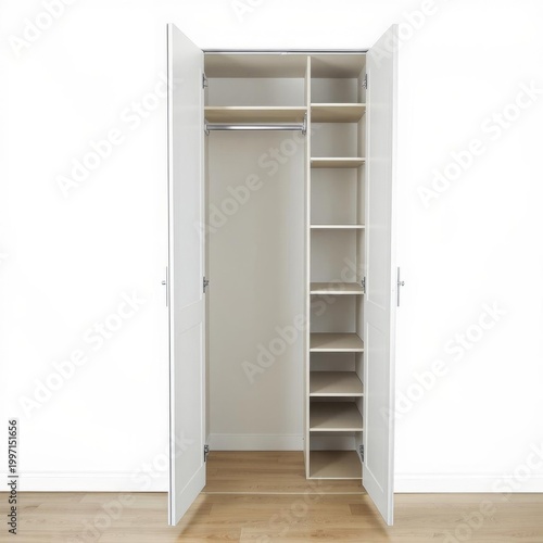 Open White Closet with Shelves and Hanging Rod in Brightly Lit Interior