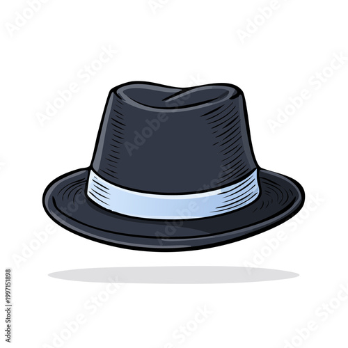 Classic dark fedora hat with a light blue ribbon band and white brim detail
