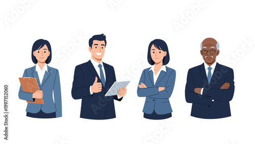 Diverse group of business professionals including men and women of various ethnicities, symbolizing teamwork, corporate culture, and professional diversity.