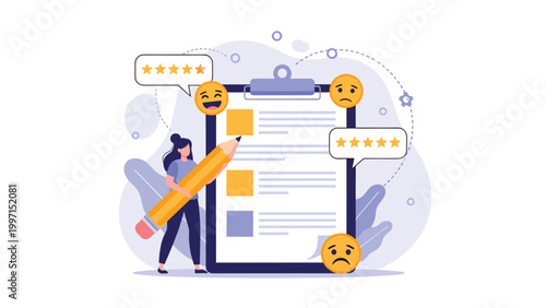 Woman reviewing a customer satisfaction survey with a large pencil, surrounded by positive and negative feedback emojis, symbolizing quality control and user experience.