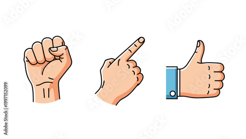 Collection of human hand gestures: a clenched fist, a finger pointing, and a thumb up, representing various communication and interaction cues.
