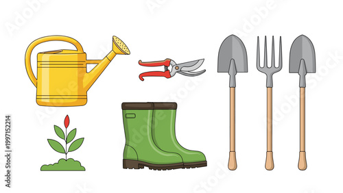 Collection of gardening tools including a watering can, pruning shears, rubber boots, and various shovels and forks, symbolizing horticulture and outdoor work.