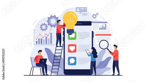 Team of developers working collaboratively on mobile app development, surrounded by creative ideas, data charts, and a giant smartphone displaying various application icons.