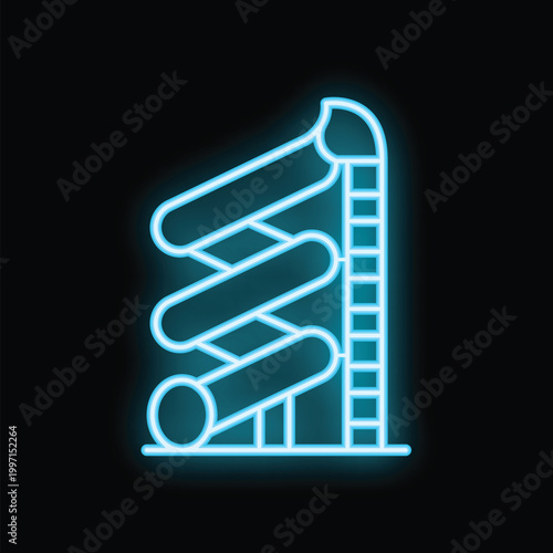 Glowing neon icon of waterpark attraction, a waterslide with stairs, isolated on black background