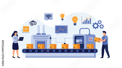 Automated factory production line with workers overseeing the packaging and logistics, symbolizing smart manufacturing, automation, and supply chain efficiency.