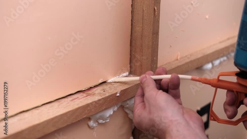 Applying thermal insulation foam with a gun. Using polyurethane foam along wall joints. Expanding the material. Sealing joints and soundproofing walls. Interior renovation. Close-up. Copy space.