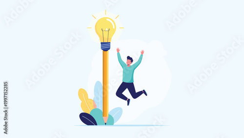 Enthusiastic man jumping happily next to a giant pencil with a glowing lightbulb tip, symbolizing new ideas, inspiration, and creative breakthrough.
