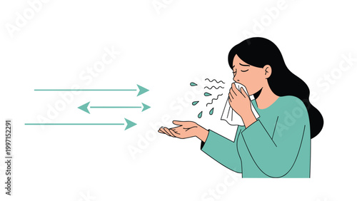 Woman sneezing into a tissue with arrows indicating air circulation, symbolizing allergy symptoms, cold, flu, or airborne disease prevention.