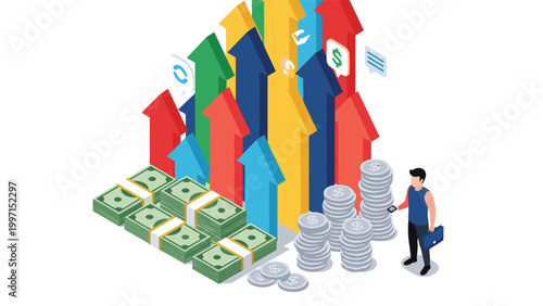 Businessman standing amidst stacks of money and upward-pointing arrows, symbolizing financial growth, investment success, and wealth management.