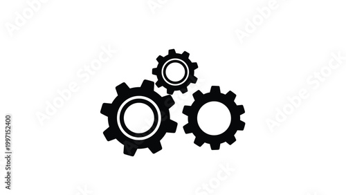 Three interlocking gears in black silhouette, symbolizing mechanical process, teamwork, collaboration, and industrial efficiency.
