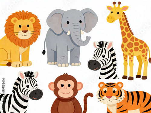 Cute zoo animals drawing set with colorful cartoon style illustration