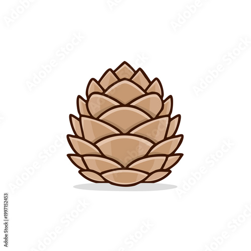 Stylized vector illustration of a brown pine cone with layered scales and outline detail on a clean background.