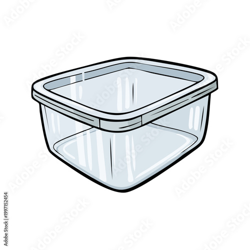 Clear plastic food storage container with lid, empty and isolated on white background, cartoon illustration