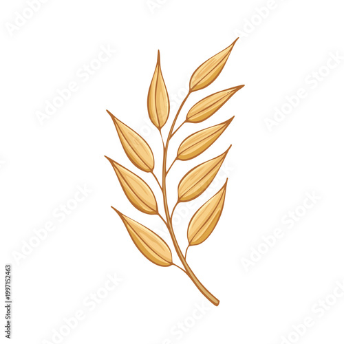 Hand-Drawn Golden Wheat Stalk with Multiple Leaves Isolated on White Background