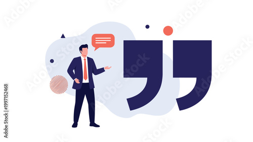 Businessman presenting next to large quotation marks, symbolizing testimonials, customer reviews, and effective communication.