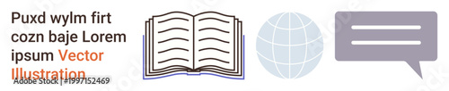Knowledge sharing, global communication, education, learning concepts, content creation, globalization. Open book, globe and speech bubble icons. Knowledge sharing and global communication concept