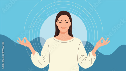Serene woman meditating with eyes closed, surrounded by gentle circular ripples, symbolizing inner peace, spiritual harmony, and deep relaxation.