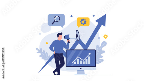 Man with a megaphone next to an upward-pointing arrow and a computer displaying a growth chart, symbolizing marketing promotion, business growth, and public relations.
