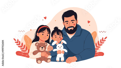 Happy father with two daughters holding stuffed animals, portraying a loving family bond and joyful childhood moments.